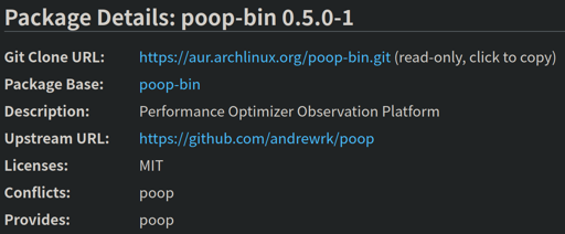Screenshot of the AUR package `poop-bin`